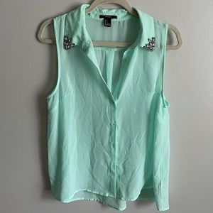 Mint green sheer gem button down cowgirl tank